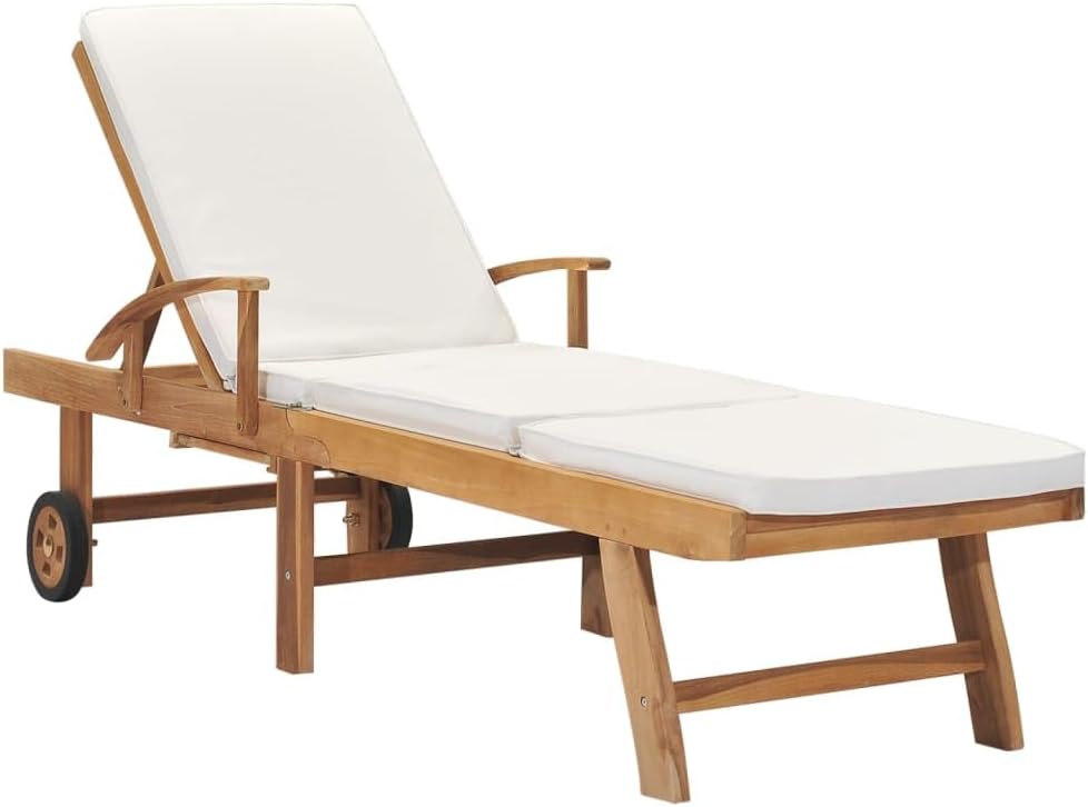 Sun Lounger with Cushion,Patio Lounge Chair,Beach Sunbathing Chair,Camping Chair,Portable Loungers,Backrest Adjustable in 3-positions,for Patios,Pools,Lawns,Camping,Solid Teak Wood Cream