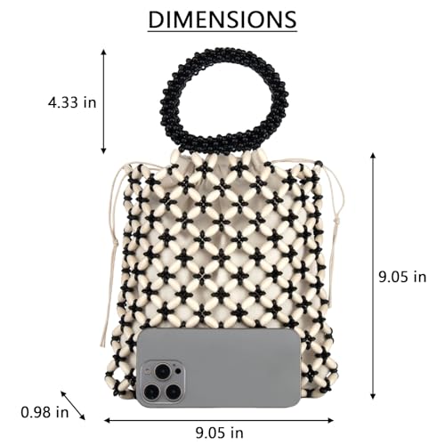Image of YYW Unique Handmade Wooden Bead Tote Bag for Women, Small Handwoven Clutch Purses Woven Bucket Handbag and Drawstring Handbag