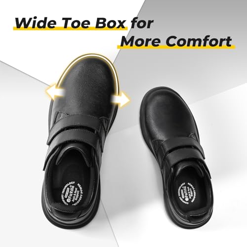 FitVille Extra Wide Slip on Leather Shoes for Men Wide Fitting Edema Recovery Leather Oxford Diabetic Shoes for Wide Feet Hook & Loop Jet Black