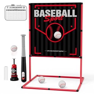 QDRAGON 2 in 1 Baseball Strike Zone Target with Automatic Pitching Machine Adjustable Height T Ball Set with 3 SoftballsBat for Youth Toddlers Kids Outdoor Indoor Sport Toys Gifts for Boys Girls