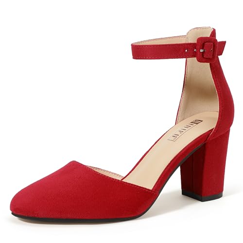 IDIFU IN3 Closed Toe Heels for Women High Chunky Block Heels Women's Pumps Comfortable Dressy Wedding Bride Party Homecoming Prom Work Shoes Fashion Ankle Strap Round Toe Dress Shoes