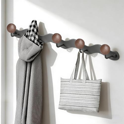 WJUAN Porte Manteaux Muraux, 38 cm Patères Portemanteaux pour Entrée, Gris Etagere Porte Manteau, avec 5 Crochets en Bois en Forme de Boule, pour Chambre,...
