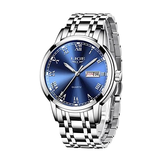 LIGE Reloj para hombre de negocios de acero inoxidable, cronógrafo impermeable con calendario, correa de acero inoxidable, cronómetro, analógico, de cuarzo, plateado, Negocios