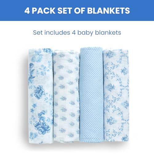 Image of Delta Children 100% Cotton Muslin Baby Receiving Blankets for Girls and Boys - 47x47 Inches (Pack of 4), Blue Botanicals