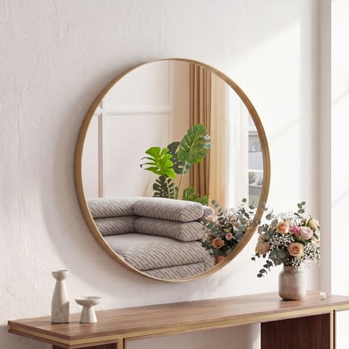 Image of NEWBULIG 24-Inch Round Wall Mirror, Bathroom Wall Circle Mirror with Metal Frame, Bathroom Decor for Entryway, Living Room, Vanity, Gold