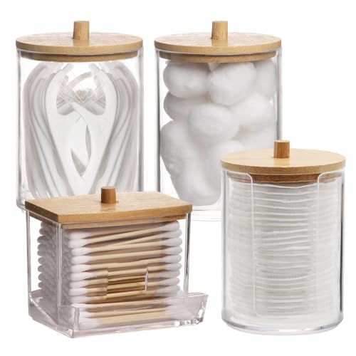 Tbestmax 4 Pack Qtip Holder Bathroom Container, 10/7oz Cotton Ball Cotton Swabs Pads Dispenser, Apothecary Jar with Bamboo Lids for Organizer and Storage (Beige)