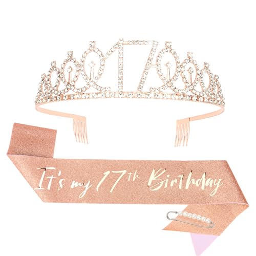 CIEHER 17th Birthday Crown and Sash for Girls, It's My 17 Bday Sash, 17th Birthday Decorations Rose Gold
