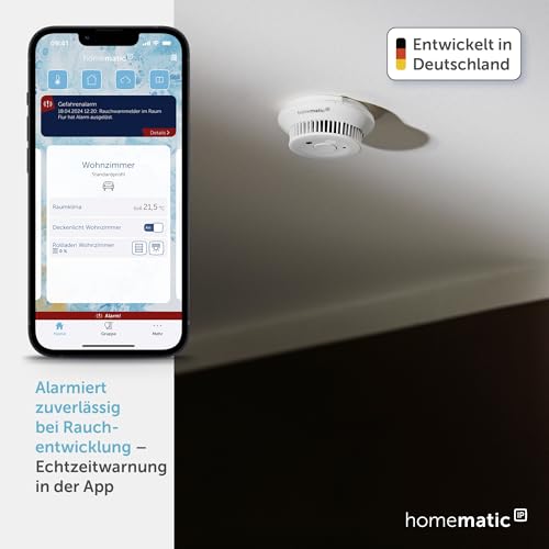 Homematic IP Rauchwarnmelder mit Q-Label, Smart Home, Rauchmelder alarmiert lokal über die Sirene und per Push-Benachrichtigung in der Smartphone-App, integrierte LED-Notbeleuchtung, 156587A0