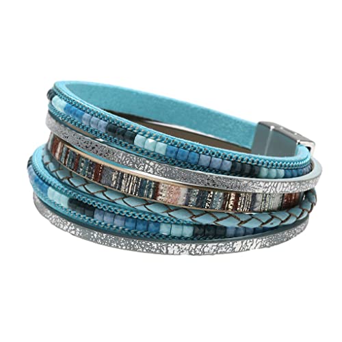 Image of Ailan Vintage Leather Wrap Bracelets Boho Multi-Layer Crystal Beads Cuff Bracelet Fashion Handmade Bohemian Magnetic Snap for, Blue