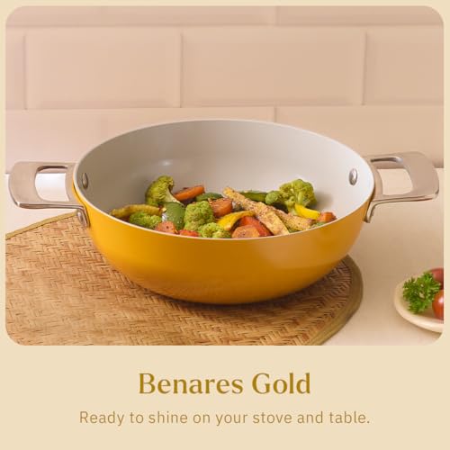 Image of Ember Cookware Arcilla Ceramic Kadai 24 cm, 2.6L with Metallic Lid | 75% Less Oil Usage | Lightweight, Non-Toxic Non-Stick Ceramic Kadai | PFAS & PFOA Free | Induction Cookware | Benares Gold