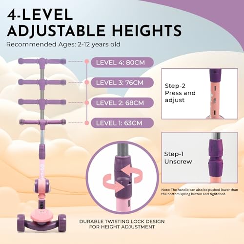 Image of Foldable 3 Wheel Kids Scooter with Seat | 4-Level Adjustable Handlebar | PU LED Wheels | Light & Music | 2 in 1 Skate Cycle Scooter for Boys & Girls 3-10 Years (KS-113 Pink /Purple)
