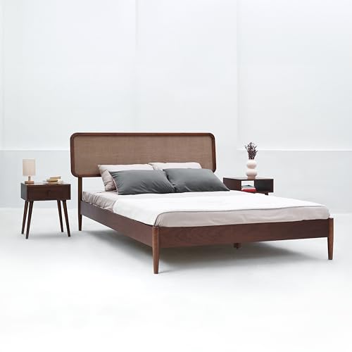 Image of NTC Lupin Wooden Bed Frame with Headboard, Crafted from Walnut, Rubber Wood with Silent Slats and Wood Central Supports, 1000 Lb Capacity, Effortless Assembly, Queen - Dark Walnut