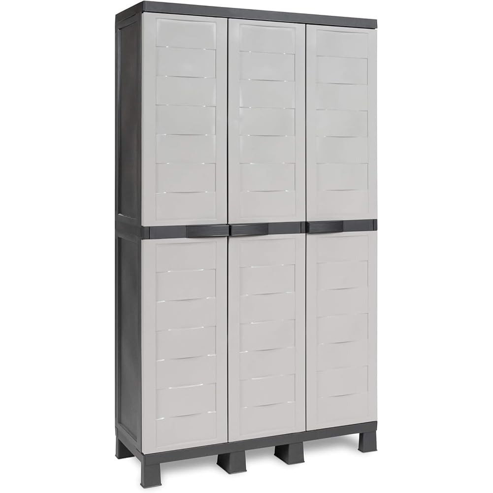 BAKAJI Mobile Armadio in Polipropilene da Esterno ed Interno, Mobiletto Armadietto con Tripla Anta Resistente agli UV e Ripiano regolabile, Ideale Giardino, Balcone, Bagno, Ufficio (3 Ante)