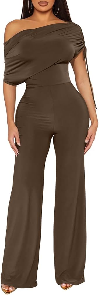 XXTAXN Women's One Shoulder Neck Jumpsuits Work Wide Leg Pants Club Party Loose Rompers