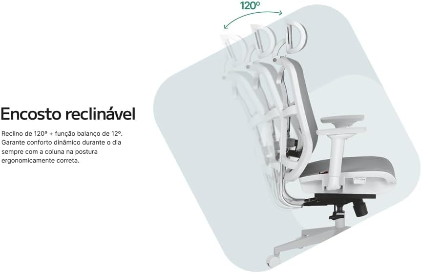 Ilustração do encosto reclinável da cadeira em até 120 graus