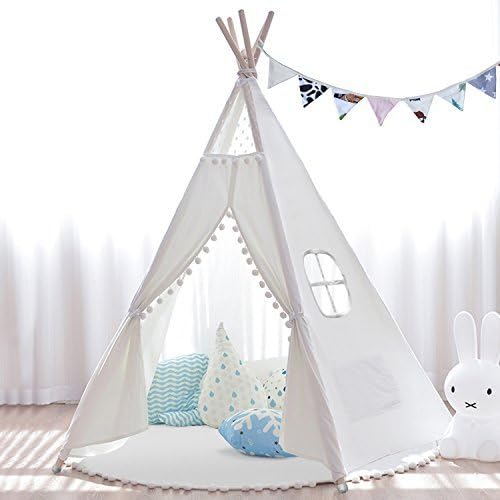 JOYNOTE Teepee Kids Tent with Thick Mat & Carry Case & Decorations Star Stickers & Flag - 5 Wooden Poles Canvas Tipi (White)