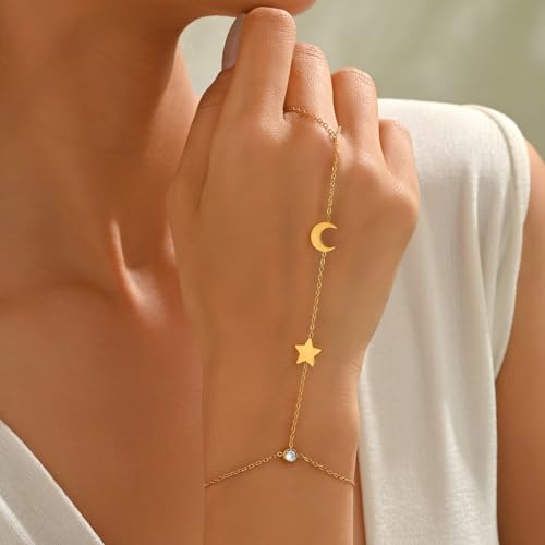 Hand Chain Bracelet for Women 18K Gold Plated Pearl Beaded Moon Star Cubic Zirconia Ring Bracelet Hand Chain Trendy Body Jewlery Gifts3