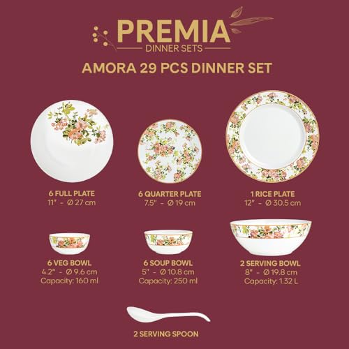 Image of Larah by Borosil 29pc Opalware Amora Dinner Set for Family of 6 | Microwave & Dishwasher Safe Crockery Set for Dining & Gifting | Plates & Bowls