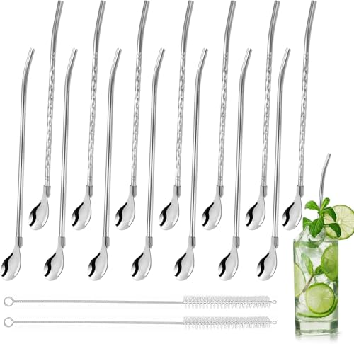 14-Piece Stainless Steel Drinking Straw & Spoon Set, 2-in-1 Reusable Metal Straws with Spoons, 2 Cleaning Brushes