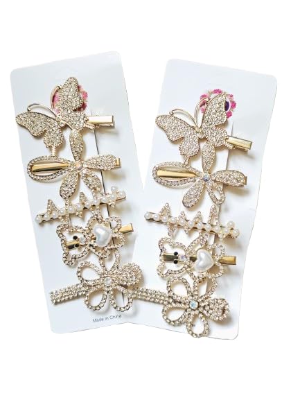 Party Hair Clips Set – pack of 2, Rhinestone Butterfly and Floral Design, Gold-Toned Metal Hair Accessories for Women