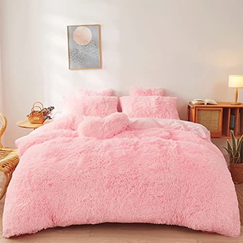 FOPPA Fluffy comforters Cover Twin Size - Ultra Soft Plush Pink Bedding Sets 2 Pieces (1 Faux Fur Comforter Cover + 1 Fuzzy Pillow case) Girls Shaggy Pink Twin Bed Set (Light Pink, Twin)