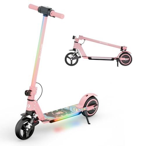 Qekud S5 Patín eléctrico para niños, Scooter Plegable para niños con iluminación LED, Ruedas Todo Terreno de 6.5", Velocidad hasta 14 km/h, para Edades de 6 a 14 años, Rosa