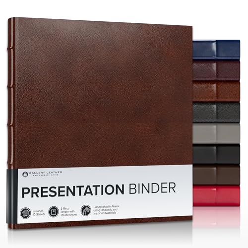 Gallery Leather 3 Ring Binder with Plastic Sleeves, Includes 10 Sheets, Sheet Size: 8.5" x 11" - Presentation Binder Rings with Hubbed Spine, Thick: 1.25" Belfast Brown