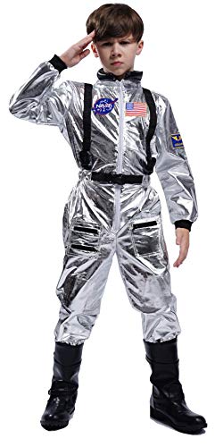 Maxim Party Supplies Kids Astronaut Space Suit Costume Cosplay Jumpsuit with Embroidered Patches and Pockets for Children and Toddlers (12/14) Silver