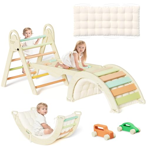 Image of ElegantCrafts Pikler Triangle Set with Cushion, Montessori Climbing Set, Indoor Climb Toys, Indoor Playground Jungle Gyms, 9 Combinations Climbing Toy Set for Toddler, Baby, Kids 1-4