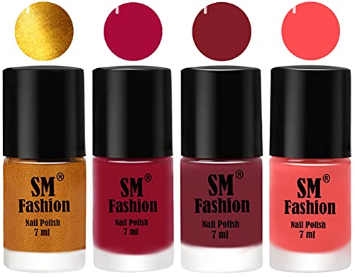 Image of Nail Polish Combo Set (Pack of 4) Quick Dry Gel Finish Nail Paint | Golden,Raspberry,Lip,Peach Pink | 7 ml Each