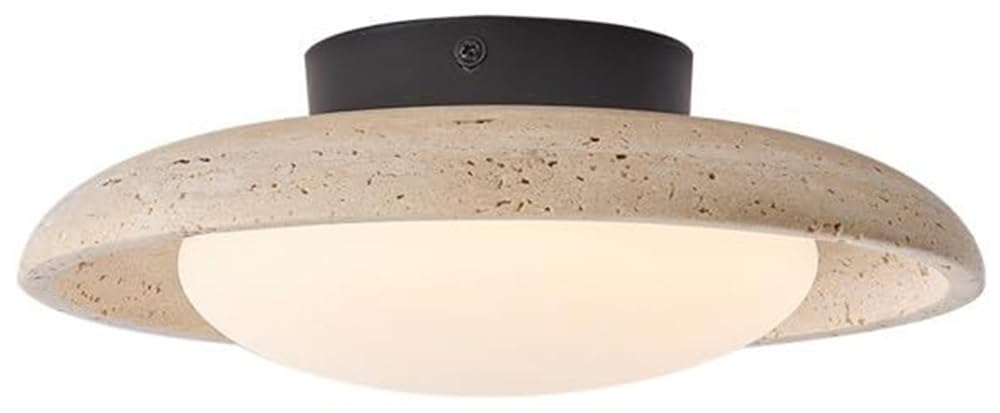 LYOUAE Vintage Natural Travertine Flush Mount Ceiling Light 9W 3000K Warm LED Ceiling Lamp with Frosted Acrylic Shade