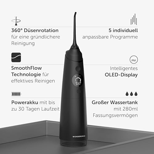 Wondersmile oralni irigator PRO - pobjednik testa 2026. - testiranje bez rizika 100 dana - SmoothFlow tehnologija za optimalnu njegu zuba i desni - 5 načina rada - baterija napajanja 30 dana rada