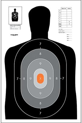 B-27E Pros Target with Shaded Scoring Rings Starting Outside & Going Dark to Light with a Bright Orange Center Black & Gray & Orange Size: 23" x 35"