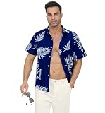 Hawaiian Shirt for Men - Men's Hawaiian Button down Shirts Floral Shirts Printed Casual Short Sleeves, Niebieski liść palmy - bez torby, XXL