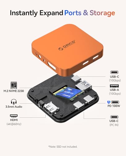 Image of ORICO 10Gbps Magnetic M.2 Docking Station, 6-in-1 USB C HUB & M.2 2230 NVMe Enclosure with HDMI 4K@60Hz, USB-A&C 3.2, 100W PD, AUX, USBC Dock for iPhone 17 /16 /15 Pro /Pro Max