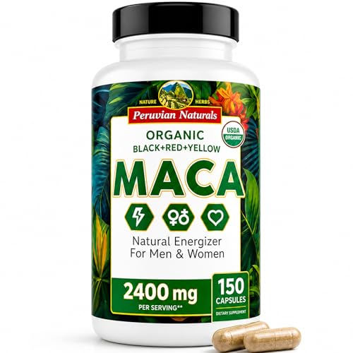 Organic Maca Root Capsules for Women & Men 2400mg per Serving - 150 Pills Black, Red, Yellow Maca Supplement - Gelatinized Macaroot, Non-GMO, Vegan by Peruvian Naturals