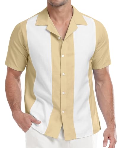 Askdeer Camisas masculinas de linho de manga curta com botões, casual, férias, praia, verão, B05 bra