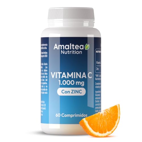 Vitamina C 1000 mg con Zinc - 60 Comprimidos: 2 Meses de suministro | Sistema Inmunitario, Reducción Cansancio y Fatiga. Formación de Colágeno - Sabor Naranja Sin Azúcar - Marca Amaltea Nutrition