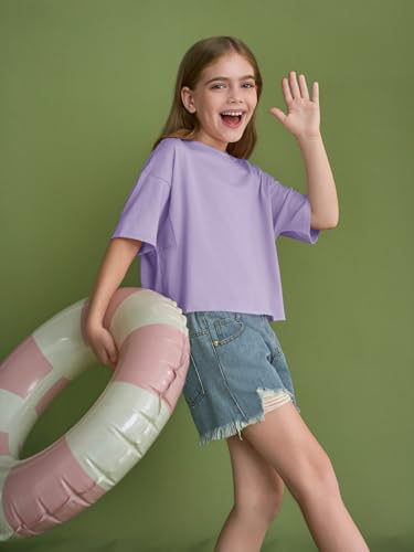 Image of Girls Athletic Oversized Crop Tops Kids Drop Shoulder Short Sleeve T Shirts Workout Tees 5-14 Years