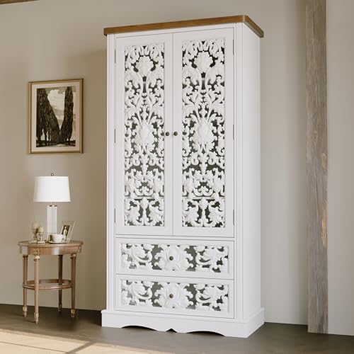 Image of 66.1 inch Tall Storage Display Cabinet, Handmade Hollow Carved Cabinet, Vintage Accent Storage Sideboard with 2 Drawers & 5-Tier Shelves for Living Room, White