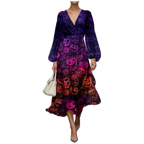 Halloween Cute Ghost Ladies Long Dress Sexy V-Neck Elegant Long Sleeve high Waist A-line Skirt Spring and Autumn Style