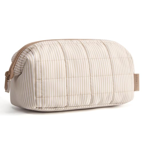 Image of BAGSMART Makeup Bag Travel Toiletry Bag, Puffy Padded Make Up Bags for Women Makeup Organizer Case, Wide-open Pouch Purse Travel Essentials Toiletries Accessories Brushes, Strip Khaki Brown