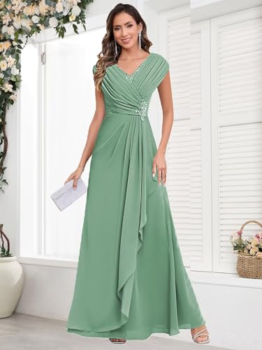 Long Chiffon Mother of The Bride Dresses for Women A Line V Neck Pleated Formal Wedding Guest Dress4