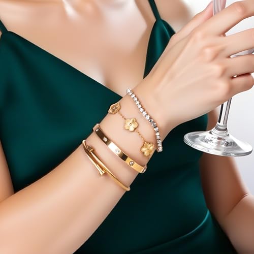 18K Gold Plated Womens Stackable Floral Gold Clover Bracelets Set Love Bangle Bracelets Non Tarnish, Gold Bracelet Set Trendy Jewelry,Gifts for Women's Day and Mother's Day2