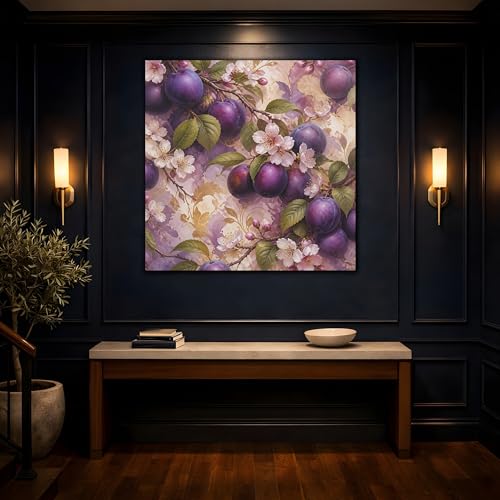 Tableau prune fleurs aquarelle 60x60 cm pour salon élégant