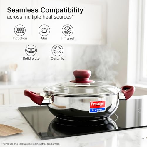 Prestige Stainless Steel 2 Pc Cookware Set with Glass Lid | Platina Popular | Fry Pan 24cm (2.25 L) | Kadai 24cm (2.8 L) | TRIPLY Base | Gas &... - Image 5