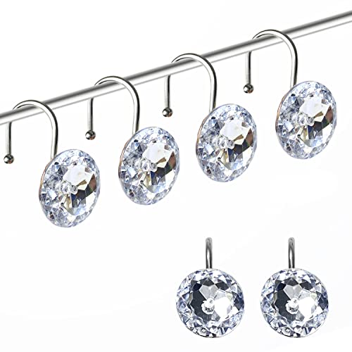 Romantic Angels 12PCS Shower Curtain Hooks Rings for Bathroom, Stainless Steel Rust Resistant Decorative Rhinestones Shower Curtain Hooks for Shower Curtains and Shower Rod (Silver)