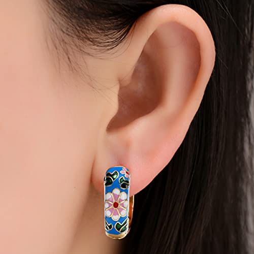Xerling Vintage Flower Huggie Hoop Earrings Antique Retro Enamel Copper Round Circle Hoop Earrings For Women Girls Gold Statement Loop Earrings (Blue) #TOP25