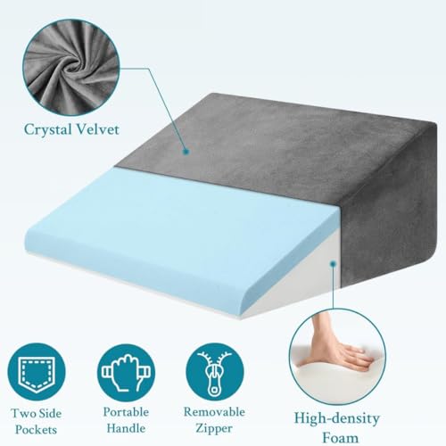 Image of CUSHIO Bed Wedge Pillow for Sleeping, Memory Foam Wedge Cushion for Acid Reflux, Back Support Pillow for Bed, Orthopedic Wedge Pillow for Neck & Back Pain, Leg Elevation Pillow (Grey) Pack of 2
