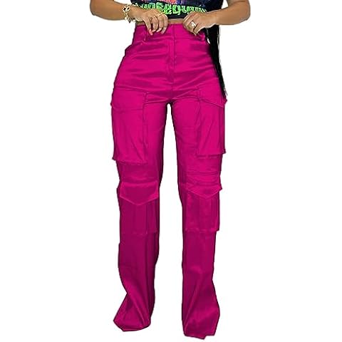 Angsuttc Cargo Pants for Women High Waist Y2k Fashion Streetwear Pants with Pockets Rose Red M Cover